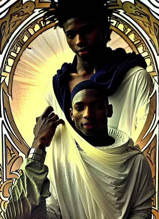 Prompt: awe-inspiring award-winning concept art nouveau painting of attractive young black man in a white hoodie angelic warrior figure, darkness, by Alphonse Mucha, Michael Whelan, William Adolphe Bouguereau, John Williams Waterhouse, and Donato Giancola, cyberpunk, fierce, extremely moody lighting, glowing light and shadow, atmospheric, shadowy, cinematic, diffuse lighting, fantasy, intricate, elegant, highly detailed, lifelike, photorealistic, digital painting, artstation, illustration, concept art, smooth, sharp focus, art by John Collier and Albert Aublet and Leonardo da vinci and Krenz Cushart and Artem Demura and Alphonse Mucha