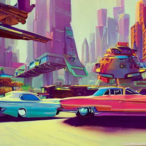 Prompt: swagger! lowrider culture, futuristic living large in the city by tyler edlin, bold colors, detailed, incredible lighting, great composition, artstation