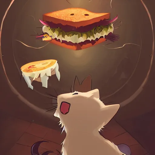 Image similar to scared cat running away from the carnivorous sandwich, artstation hq, dark phantasy, stylized, symmetry, modeled lighting, detailed, expressive, created by hayao miyazaki