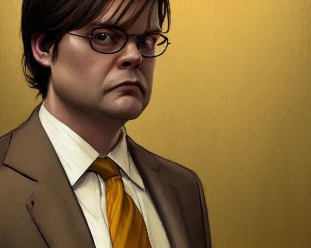 Prompt: close up of dwight schrute wearing a brown suit, mustard yellow dress shirt and necktie, focus, d & d, intricate, elegant, highly detailed, digital painting, artstation, concept art, matte, sharp focus, illustration, hearthstone, art by artgerm and greg rutkowski and alphonse mucha