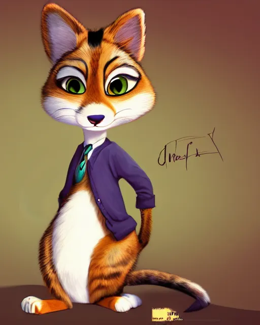Prompt: digital painting, full body of anthropomorphic furry female calico cat in style of zootopia, female fursona, furry furaffinity, 4 k