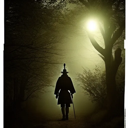 Prompt: a samurai walks alone through the woods at night, gloomy, dark, foggy, night, ominous, dark color, atmospheric, cinematic lighting, intricate detail?