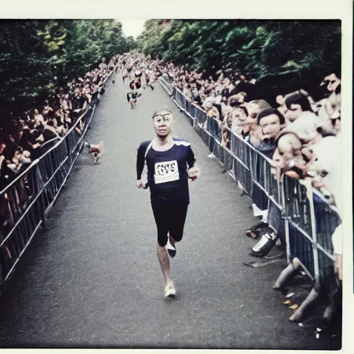 Image similar to a pig running a maraton, polaroid photograph