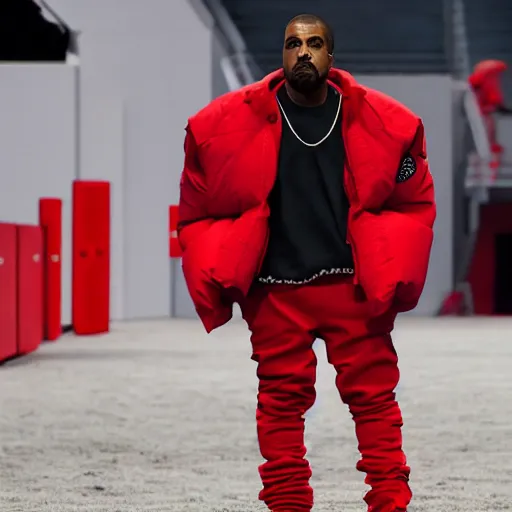 Image similar to kanye west wearing a red puffer jacket and red pants, standing in a stadium