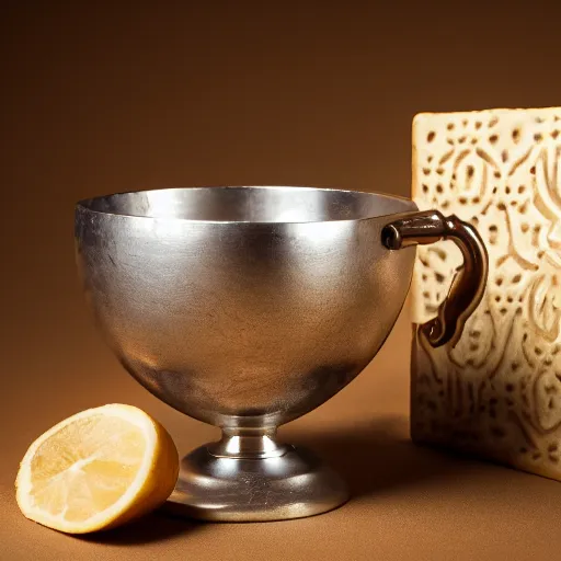 Image similar to studio photography of 1st century wine goblet and matzah, studio lighting, solid color background 8k