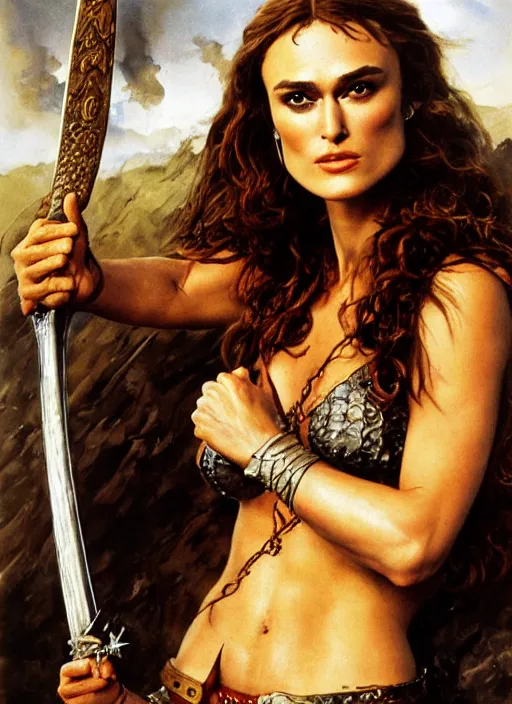 Prompt: Portrait of Keira Knightley as Red Sonja, painted by Frank Frazetta, highly detailed, 8k