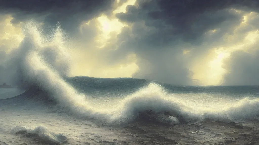 Prompt: first person view of breaking waves on the shore, summer, during a storm, sea breeze rises in the air, by andreas rocha and john howe, and Martin Johnson Heade, featured on artstation, featured on behance, golden ratio, ultrawide angle, f32, well composed