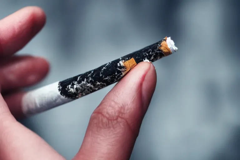 Prompt: Close-up of thin soft hand holding cigarette, with smoke, hand with five fingers, hyper realistic, high details, photo, super resolution