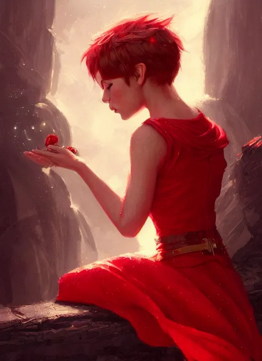 Image similar to Image of tiny pixie sitting on top of a human hand, D&D fantasy, wearing a red dress, intricate, highly detailed, digital painting, artstation, concept art, sharp focus, illustration, art by greg rutkowski and Ross Tran