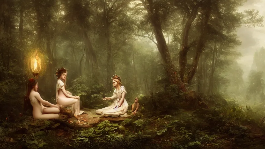 Image similar to elven princess sitting with the monkey god in the melancholy forest. andreas achenbach, artgerm, mikko lagerstedt, zack snyder, tokujin yoshioka