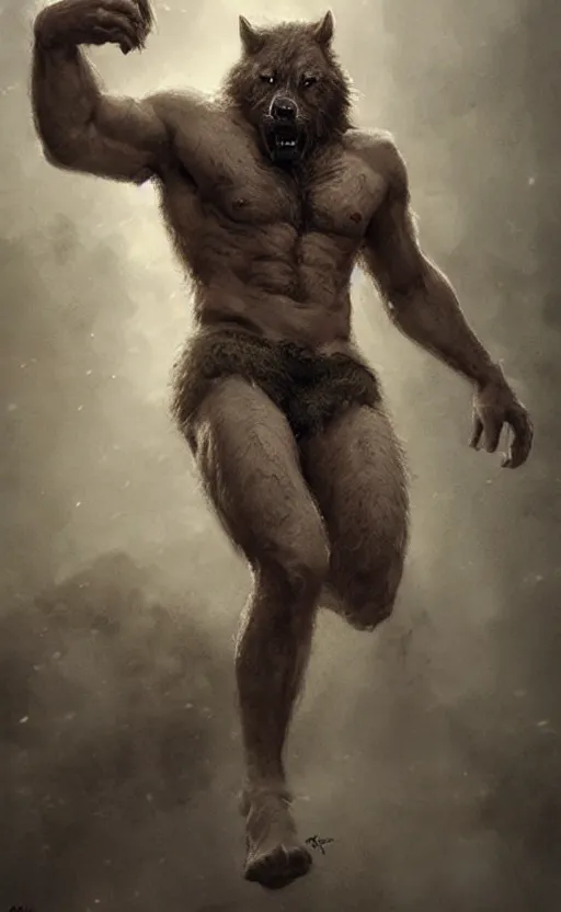 Prompt: hyperrealistic, Portrait of a rugged werewolf, male, muscular, detailed face, bare thighs!!!, simple clothing!!!!!, fantasy, medieval, highly detailed, cinematic lighting, digital art painting by greg rutkowski