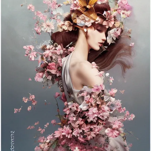 Prompt: 3 / 4 view of a beautiful girl wearing an origami dress, eye - level medium shot, fine floral ornaments in cloth and hair, hummingbirds, elegant, by eiko ishioka, givenchy, andrew atroshenko, by peter mohrbacher, centered, fresh colors, origami, fashion, detailed illustration, vogue, japanese, reallusion character creator