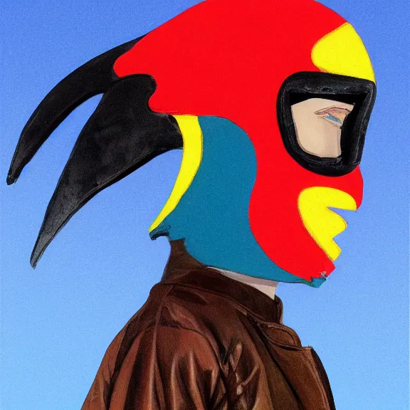 Prompt: illustration of model in plastic bird mask wearing baggy colorful 9 0 s rick owens jacket by frank frazetta.