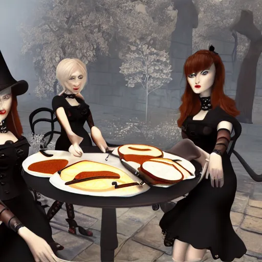 Prompt: gothic ladies eating pancakes, unreal engine 5