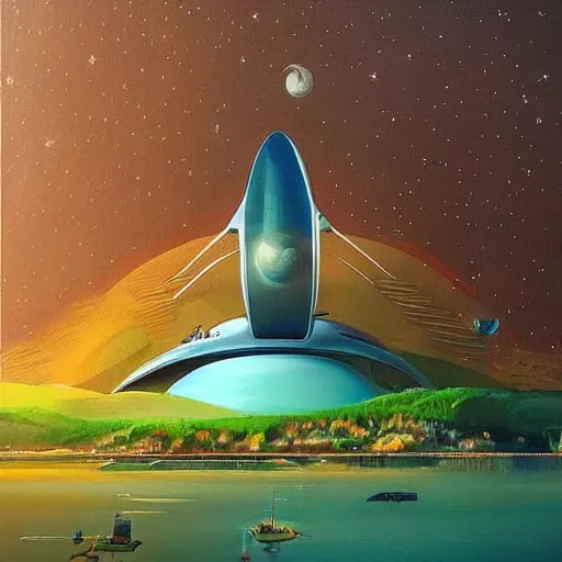 Image similar to Beautiful city of the future in harmony with nature. Spaceship in the background. Nice colour scheme, soft warm colour. Beautiful painting by Lurid. (2022)