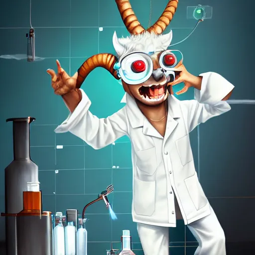 Prompt: a mad scientist goat in lab coats mixing acids, digital painting, digital illustration, digital art, trending on artstation and unreal engine, deviantart, smooth, hyper detailed, award - winning, hd