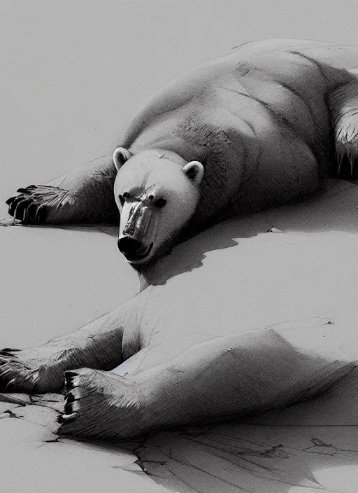 Prompt: dying polar bear on a desert, by greg rutkowski, trending on artstation, masterpiece, charcoal pencil