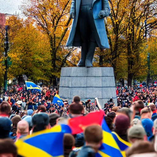 Image similar to a crowd of people with ukrainian flags throw down a statue of vladimir lenin, leica sl 2 5 0 mm, vivid color, high quality, high textured, real life