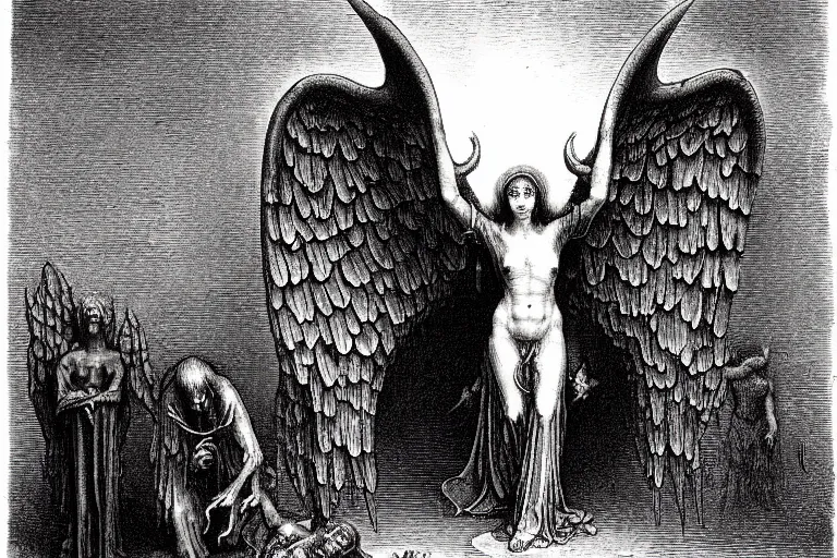 Prompt: fallen angel begs to enter the gates of hell by gustave dore and les edwards and hieronymus bosch