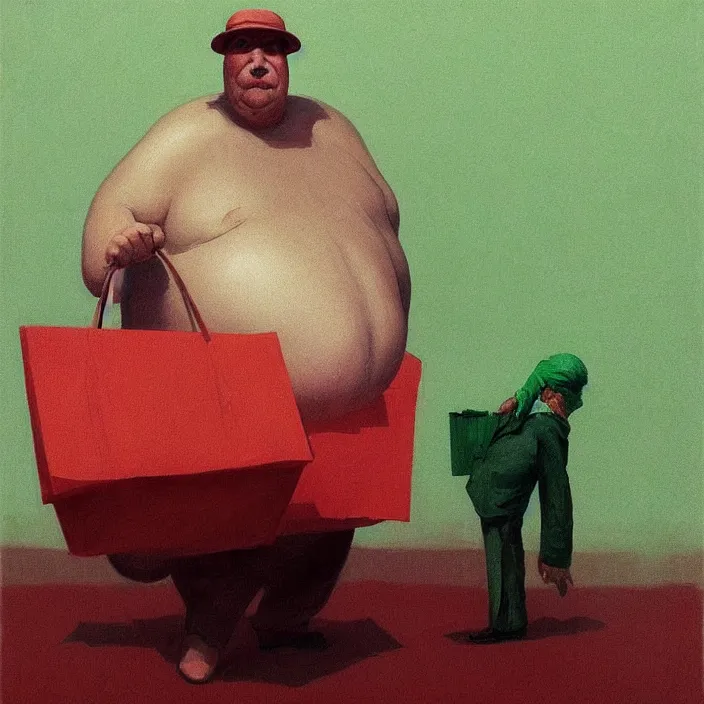 Image similar to melting old fat man portrait with a white paper bag over the head, dressed in red paper bags, holding stack of green paper bags, highly detailed, artstation, art by edward hopper, zdislav beksinski, wayne barlowe, edward hopper