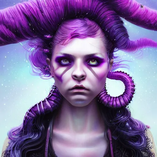 Image similar to detailed photo portrait of a furious teen girl with thin, hair-like purple tentacles on her head and bright purple eyes, 8k,by tristan eaton, Stanley Artgermm,Tom Bagshaw,Greg Rutkowski,Carne Griffiths,trending on DeviantArt, face enhance,hyper detailed ,full of colour, dramatic lightning