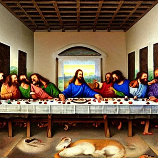 Image similar to a beautiful mixed mediart of the last supper, with jesus and his disciples replaced by various animals. the mixed mediart is set in a forest, with a deer at the head of the table and a squirrel and rabbit to either side. 4 k resolution by joel rea, by eddie mendoza offhand, a e s t h e t i c