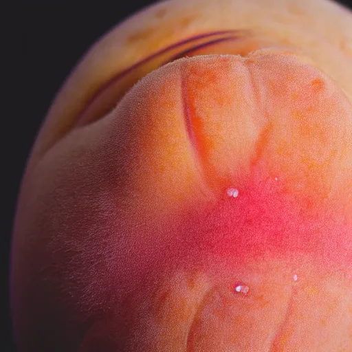 Image similar to a macro photo of a peach's dry hairy skin, form resembling female bum, hyper realistic, hyper detailed, 35mm, very grainy film, pink volumetric studio lighting, bokeh, black background award winning shot, vogue magazine, cinematic, 8k, very closeup, elegant, tender, pastel