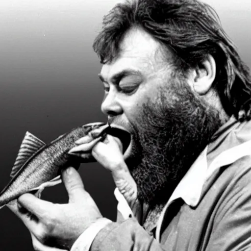 Prompt: film still close up shot of brian blessed swallowing a fish whole