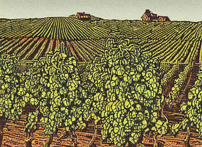 Prompt: wine label, linocut vineyard landscape by greg rutkowski, fine details, highly detailed