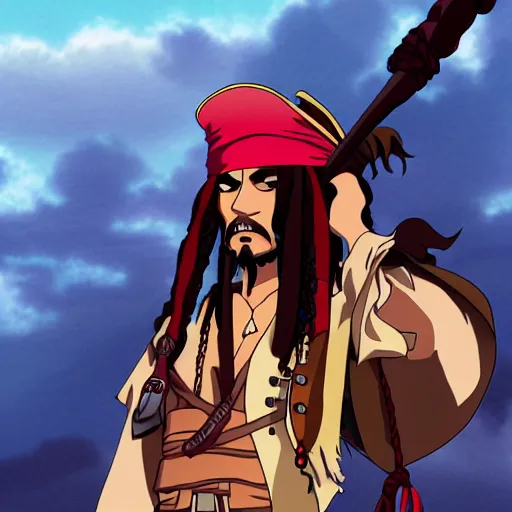 Prompt: Jack Sparrow as an anime character from Studio Ghibli. Extremely detailed. Beautiful. 4K.