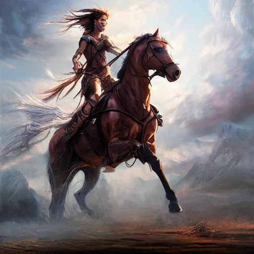 Prompt: Warrior woman riding a horse, dramatic oil painting, 4k, highly detailed, by WLOP, by Dan Mumford, by Yoshitaka Amano, digital art, trending on artstation, volumetrics