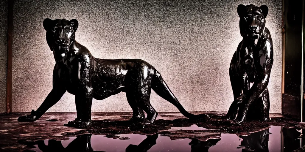 Prompt: the black lioness made of tar, bathing in the bathrub filled with tar, dripping tar, drooling goo, sticky black goo, photography, dslr, reflections, black goo, rim lighting, cinematic light, chromatic, saturated, slime, modern bathroom