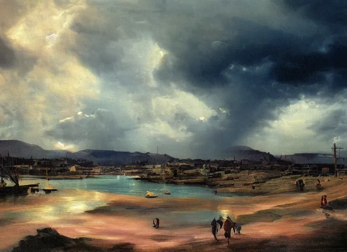 Image similar to oil painting of american old west town, harbour, dramatic storm clouds, dusty street, sunrays, dramatic, very very very beautiful art, cinematic lighting, romanticism by goya, bright art, pastel color, pink and blue sky, sunny summer day, tall mountains