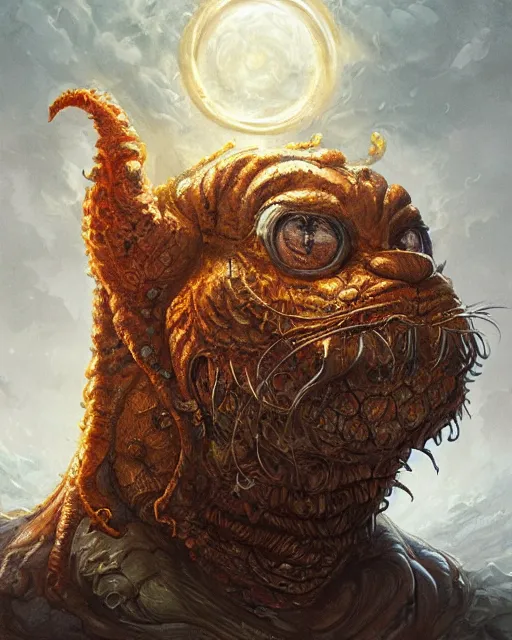 Prompt: portrait of Garfield as a large Lovcraftian monster, fantasy, intricate, elegant, highly detailed, digital painting, artstation, concept art, smooth, sharp focus, illustration, art by artgerm and greg rutkowski