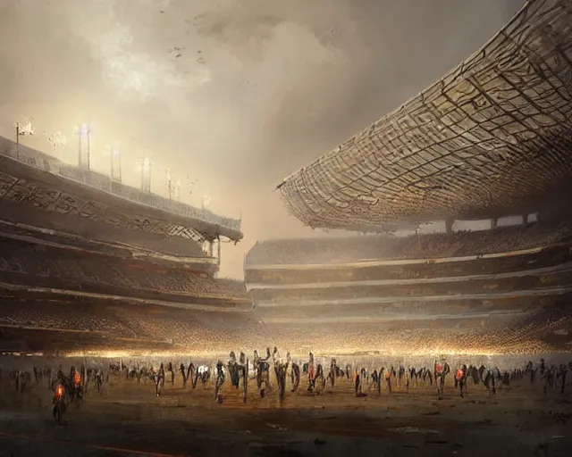 Image similar to a football stadium in the style of golden age syrian empire architecture, art by greg rutkowski and artgerma, stunning concept art, exterior design