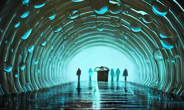 Prompt: beautiful picture of a tunnel of big upside-down raindrops floating quietly in a sunny blue sky, highly-detailed, fantastic, dramatic lighting, artstation, 4k