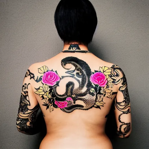 Image similar to photography of the back of a woman with a black detailed irezumi tatto representing a gold tiger with pink flowers on her entire back, dark hangar background, mid-shot, editorial photography