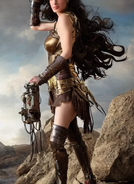 Image similar to highly detailed steampunk gal gadot posing while standing on a rock : leonardo da vinci, greg rutkowski, magali villeneuve