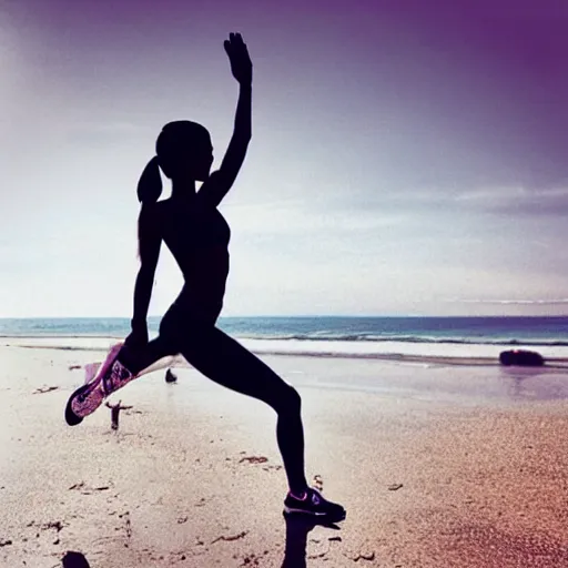 Prompt: “silhouette of fitness blogger doing exercise on the beach photorealistic ”