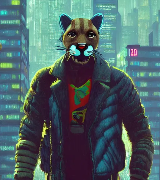 Image similar to new york city portrait of furry anthro anthropomorphic cougar mountain lion head animal person fursona wearing clothes strange cybernetic muzzle gloomy rainy screenshot from the video game cyberpunk 2077 digital art by Greg Rutkowski, Simon Stalenhag, christopher nolan trending on Artstation, CGSociety