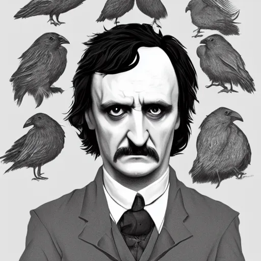 Prompt: Edgar Allan Poe as The Raven, a man with the beak of a raven, a raven that looks like Edgar Allen Poe , a haunting being that is part man and part bird, his nose is a black beak, ambient lighting, 4k, anime key visual, lois van baarle, ilya kuvshinov, rossdraws, artstation