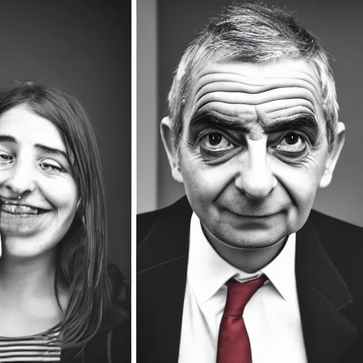 Image similar to A portrait mr bean elizabeth teams up with a teenage mr bean, perfect faces, 50 mm, award winning photography