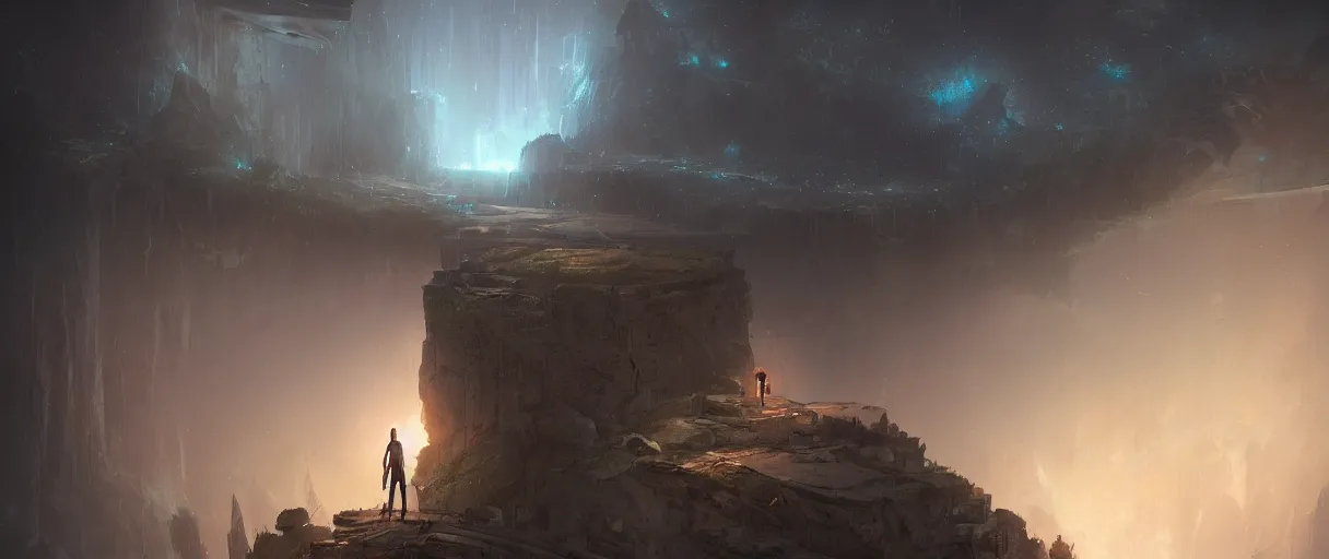 Prompt: broken pantheon amidst a foggy cliff side under a starlit sky, matte painting, futuristic, sci fi, style of jordan grimmer, digital painting, trending on artstation, high detail, volumetric lighting, godrays