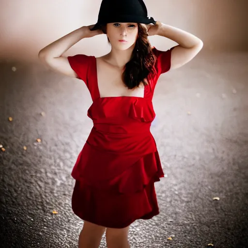 Image similar to fine art portrait photography half - length portrait of stunning girl in a red hat and black dress, kodak portra 4 0 0, 8 k, soft light, volumetric lighting, highly detailed,,