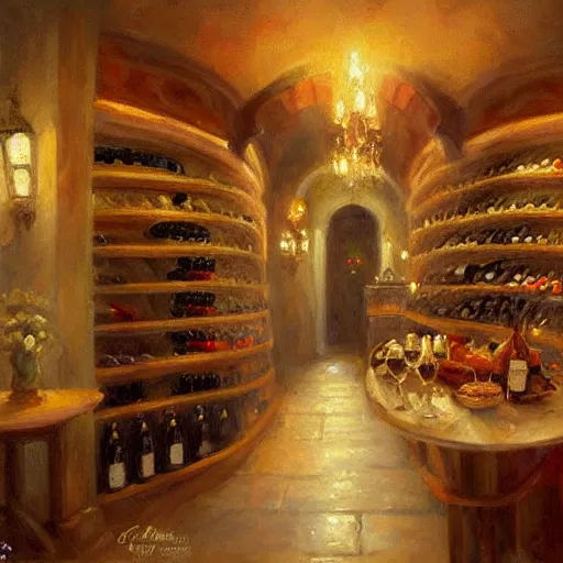 Image similar to wine cellar full of food, torches on the wall, romantic, inviting, cozy, Christian Weston Chandler (Chris Chan), painting Vladimir Volegov