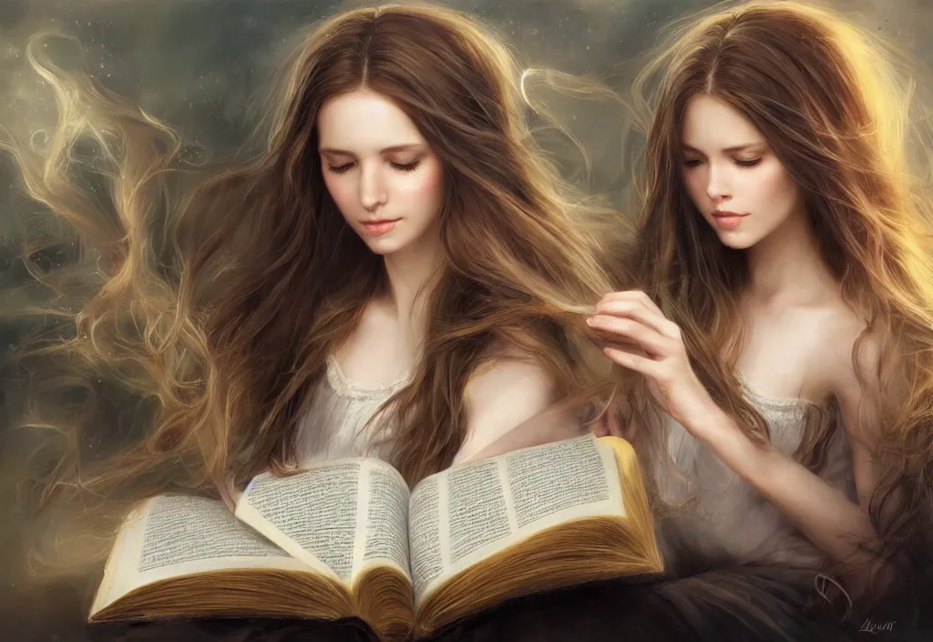 Image similar to a girl reading a book, hair flowing down, 8 k, hyperrealistic, hyperdetailed, fantasy portrait by laura sava