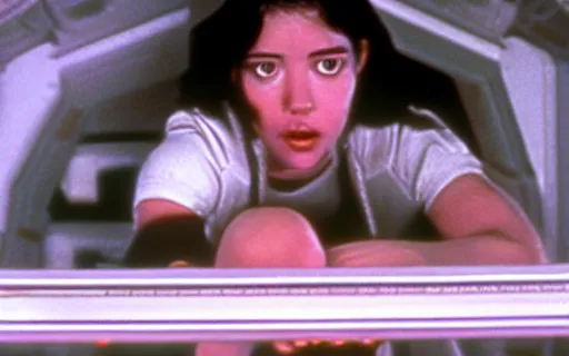 Image similar to full - color cinematic movie still from a 1 9 7 9 science - fiction horror film by ridley scott starring young phoebe cates as a crew member on a spaceship fighting a xenomorph. detailed facial - features ; suspense ; action.