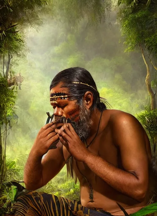 Image similar to a beautiful portrait of an indigenous man sitting in the jungle, surrounded by smoke, smoking a pipe, praying with tobacco, mysterious atmosphere, fantasy art, matte painting, highly detailed