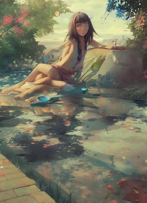 Prompt: beautiful fantasy painting scene of anime chill summer day, by Kenne Gregoire, James Jean, Tran Nguyen, WLOP, Jakub Rebelka. trending on Artstation, 8k, masterpiece, graffiti paint, fine detail, full of color, intricate detail, golden ratio illustration