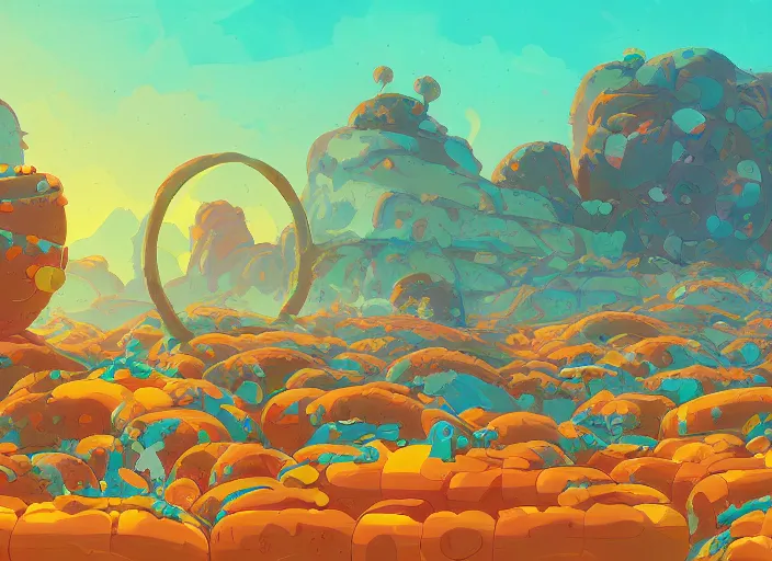 Prompt: concept art of a donut landscape made of donuts, cel shaded, in the style of makoto shinkai and moebius and peter mohrbacher and anton fadeev